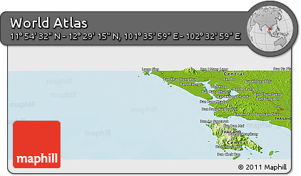 Physical Panoramic Map of the Area around 12° 11' 54" N, 102° 4' 29" E