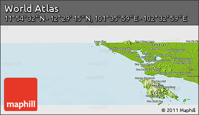Physical Panoramic Map of the Area around 12° 11' 54" N, 102° 4' 29" E