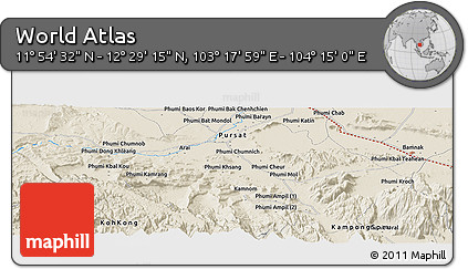 Shaded Relief Panoramic Map of the Area around 12° 11' 54" N, 103° 46' 30" E