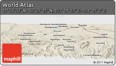 Shaded Relief Panoramic Map of the Area around 12° 11' 54" N, 103° 46' 30" E