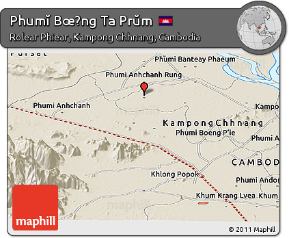 Shaded Relief Panoramic Map of Phumĭ Bœ̆ng Ta Prŭm