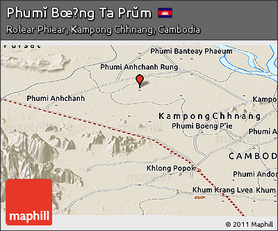 Shaded Relief Panoramic Map of Phumĭ Bœ̆ng Ta Prŭm