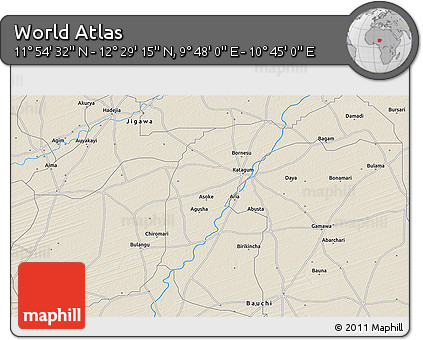 Shaded Relief 3D Map of the Area around 12° 11' 54" N, 10° 16' 30" E