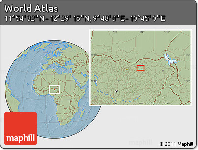Savanna Style Location Map of the Area around 12° 11' 54" N, 10° 16' 30" E, hill shading