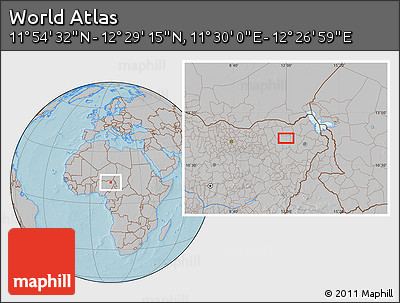 Gray Location Map of the Area around 12° 11' 54" N, 11° 58' 29" E, hill shading