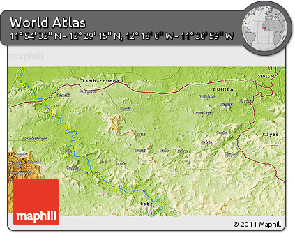 Physical 3D Map of the Area around 12° 11' 54" N, 11° 49' 29" W