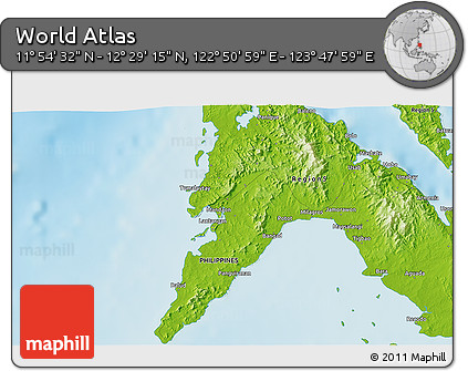 Physical 3D Map of the Area around 12° 11' 54" N, 123° 19' 29" E