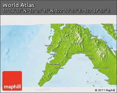 Physical 3D Map of the Area around 12° 11' 54" N, 123° 19' 29" E