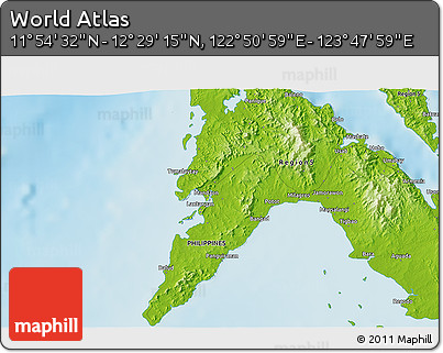 Physical 3D Map of the Area around 12° 11' 54" N, 123° 19' 29" E