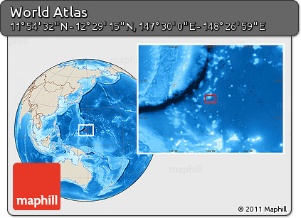 Shaded Relief Location Map of the Area around 12° 11' 54" N, 147° 58' 29" E
