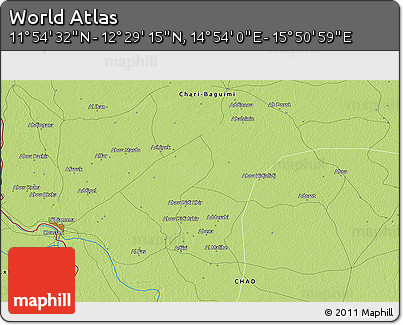 Physical 3D Map of the Area around 12° 11' 54" N, 15° 22' 30" E