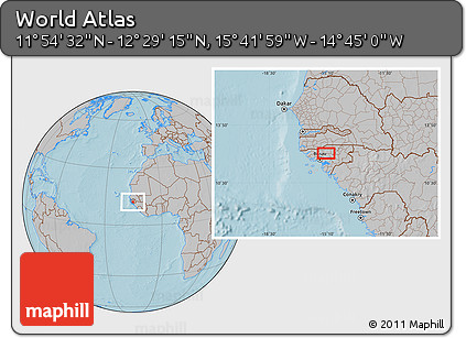 Gray Location Map of the Area around 12° 11' 54" N, 15° 13' 29" W, hill shading