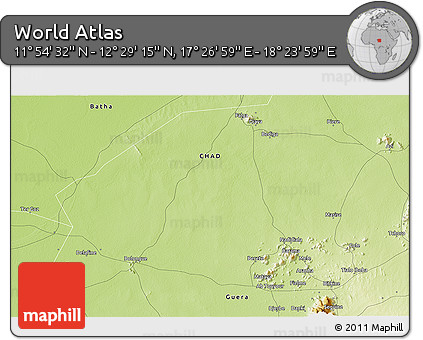 Physical 3D Map of the Area around 12° 11' 54" N, 17° 55' 29" E