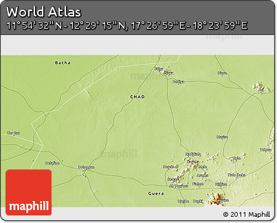 Physical 3D Map of the Area around 12° 11' 54" N, 17° 55' 29" E