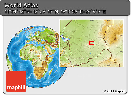 Physical Location Map of the Area around 12° 11' 54" N, 19° 37' 30" E