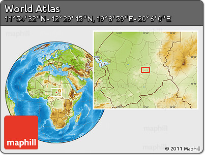 Physical Location Map of the Area around 12° 11' 54" N, 19° 37' 30" E