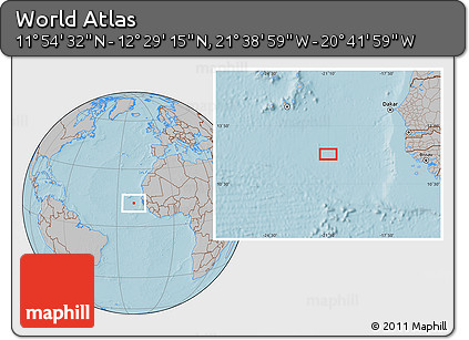 Gray Location Map of the Area around 12° 11' 54" N, 21° 10' 29" W, hill shading