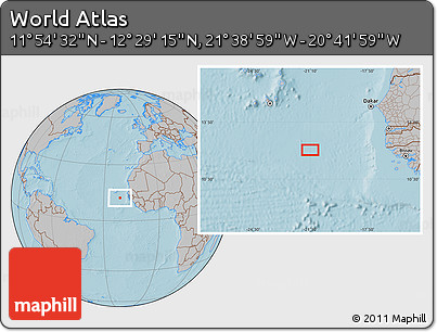 Gray Location Map of the Area around 12° 11' 54" N, 21° 10' 29" W, hill shading