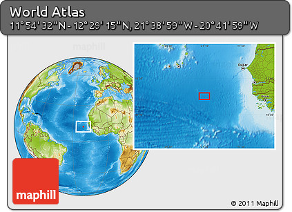 Physical Location Map of the Area around 12° 11' 54" N, 21° 10' 29" W