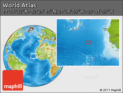 Physical Location Map of the Area around 12° 11' 54" N, 21° 10' 29" W
