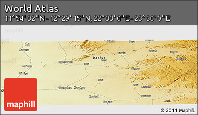 Physical Panoramic Map of the Area around 12° 11' 54" N, 23° 1' 29" E