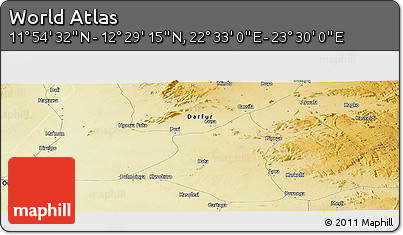 Physical Panoramic Map of the Area around 12° 11' 54" N, 23° 1' 29" E