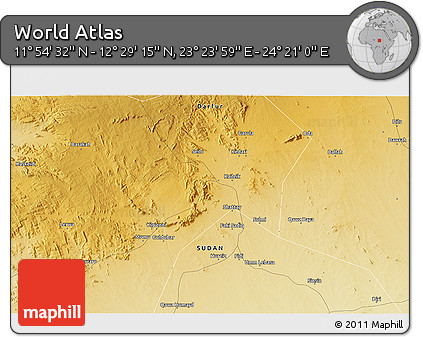 Physical 3D Map of the Area around 12° 11' 54" N, 23° 52' 30" E