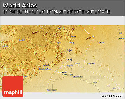 Physical 3D Map of the Area around 12° 11' 54" N, 23° 52' 30" E