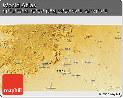 Physical 3D Map of the Area around 12° 11' 54" N, 23° 52' 30" E