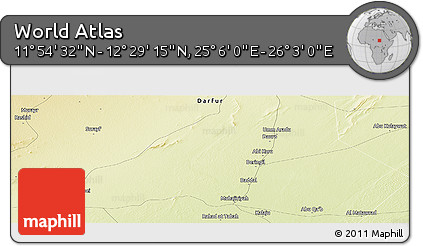 Physical Panoramic Map of the Area around 12° 11' 54" N, 25° 34' 30" E