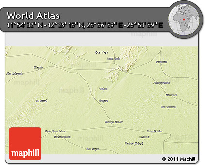 Physical 3D Map of the Area around 12° 11' 54" N, 26° 25' 29" E