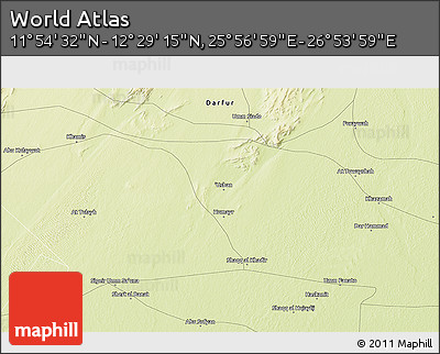 Physical 3D Map of the Area around 12° 11' 54" N, 26° 25' 29" E
