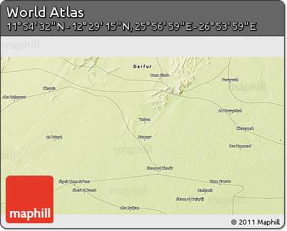 Physical 3D Map of the Area around 12° 11' 54" N, 26° 25' 29" E