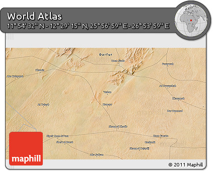 Satellite 3D Map of the Area around 12° 11' 54" N, 26° 25' 29" E