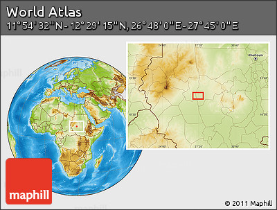 Physical Location Map of the Area around 12° 11' 54" N, 27° 16' 29" E
