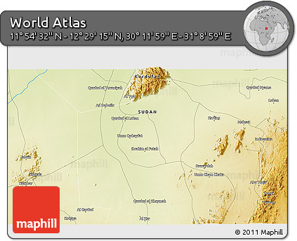 Physical 3D Map of the Area around 12° 11' 54" N, 30° 40' 29" E
