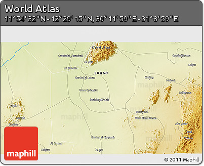 Physical 3D Map of the Area around 12° 11' 54" N, 30° 40' 29" E