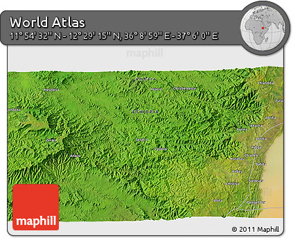 Satellite 3D Map of the Area around 12° 11' 54" N, 36° 37' 30" E