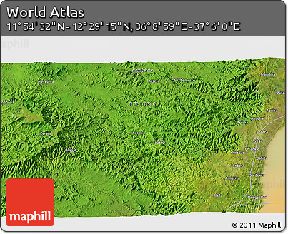 Satellite 3D Map of the Area around 12° 11' 54" N, 36° 37' 30" E