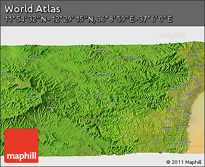 Satellite 3D Map of the Area around 12° 11' 54" N, 36° 37' 30" E