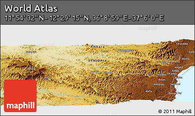 Physical Panoramic Map of the Area around 12° 11' 54" N, 36° 37' 30" E