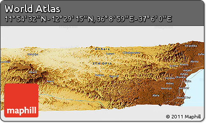 Physical Panoramic Map of the Area around 12° 11' 54" N, 36° 37' 30" E