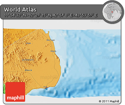 Political 3D Map of the Area around 12° 11' 54" N, 43° 25' 29" E