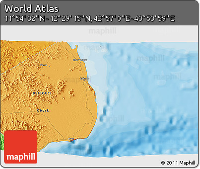 Political 3D Map of the Area around 12° 11' 54" N, 43° 25' 29" E