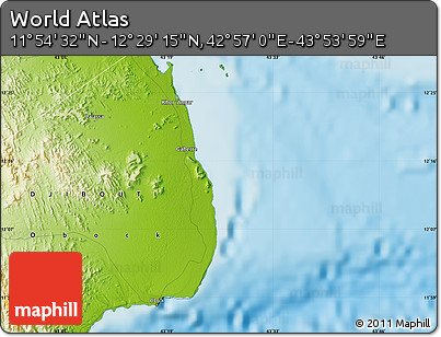 Physical Map of the Area around 12° 11' 54" N, 43° 25' 29" E