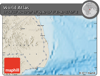 Shaded Relief Map of the Area around 12° 11' 54" N, 43° 25' 29" E