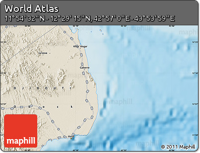Shaded Relief Map of the Area around 12° 11' 54" N, 43° 25' 29" E