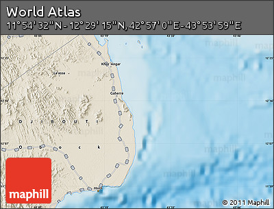 Shaded Relief Map of the Area around 12° 11' 54" N, 43° 25' 29" E