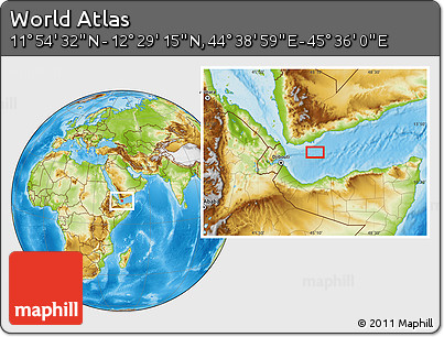 Physical Location Map of the Area around 12° 11' 54" N, 45° 7' 30" E