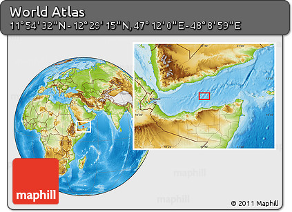 Physical Location Map of the Area around 12° 11' 54" N, 47° 40' 29" E